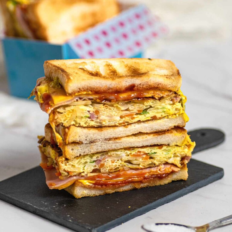 A stack of three Korean street toast sandwiches