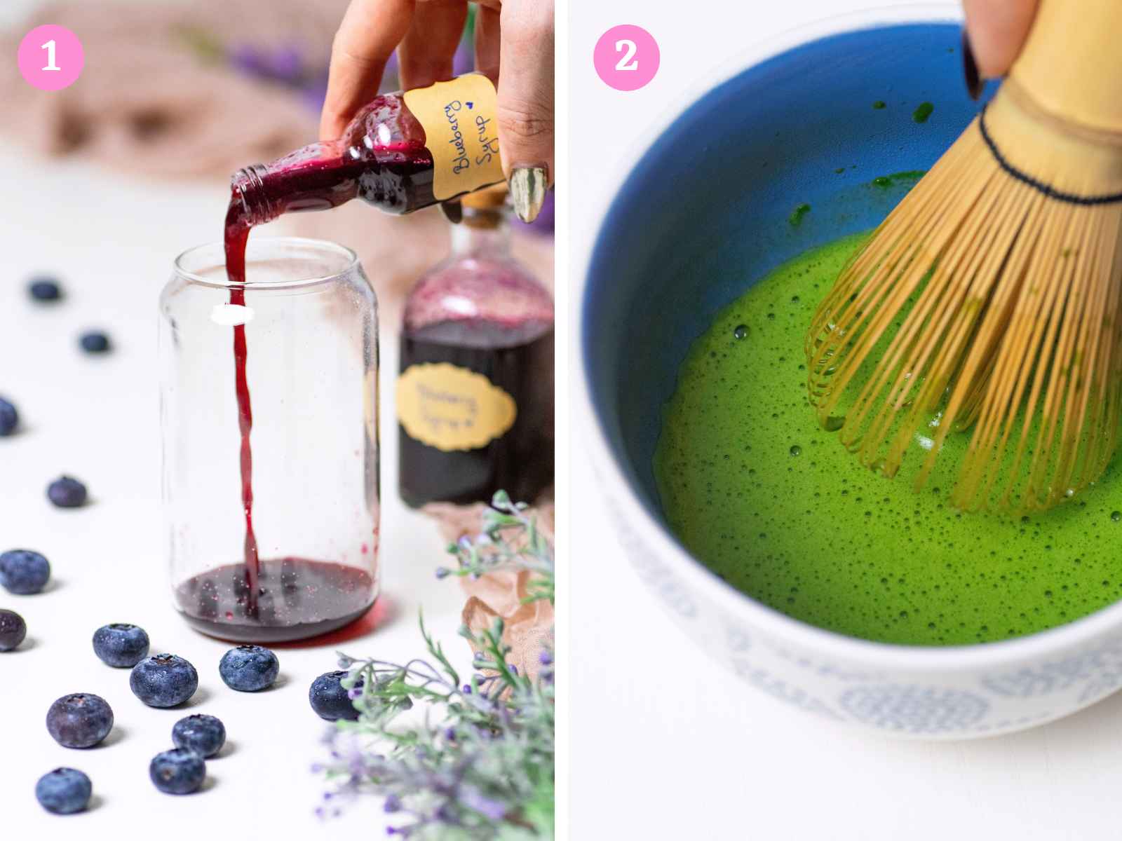 pouring syrup into glass and whisking matcha with bnamboo whisk