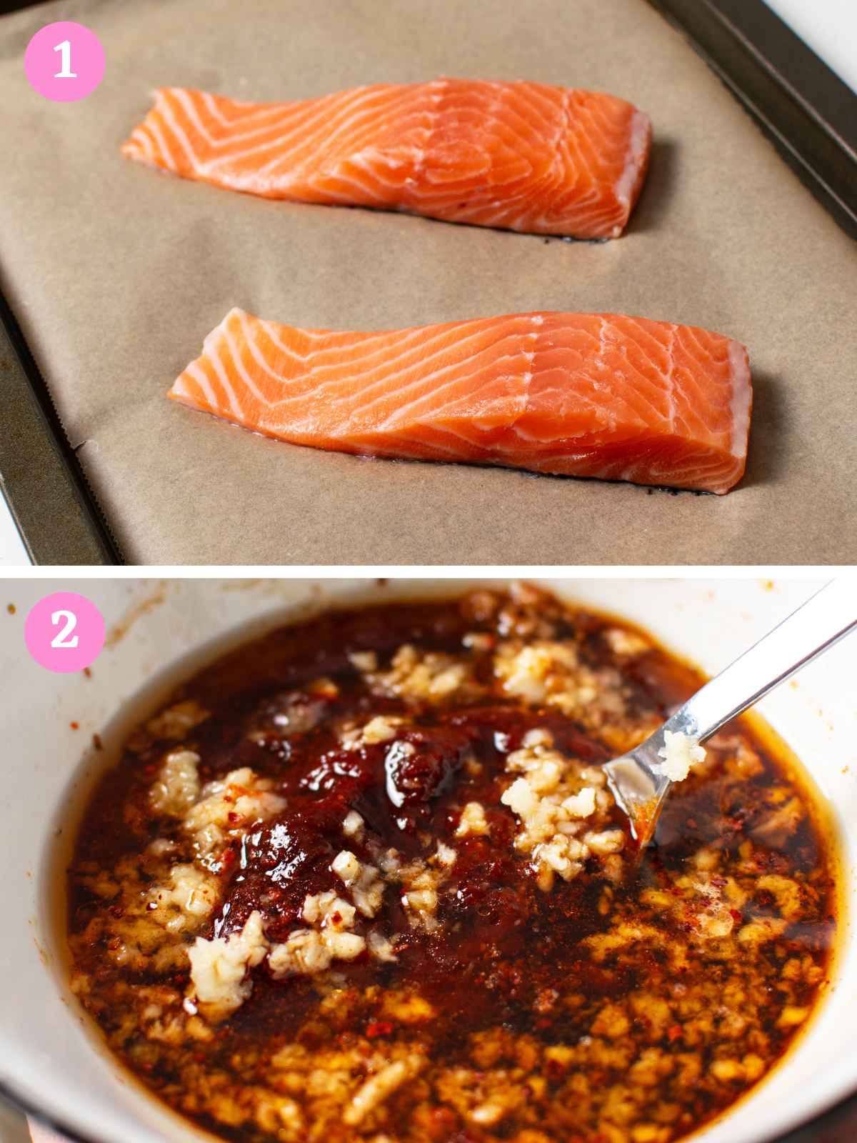 upper salmon fillets on lined tray, lower gochujang sauce in bowl