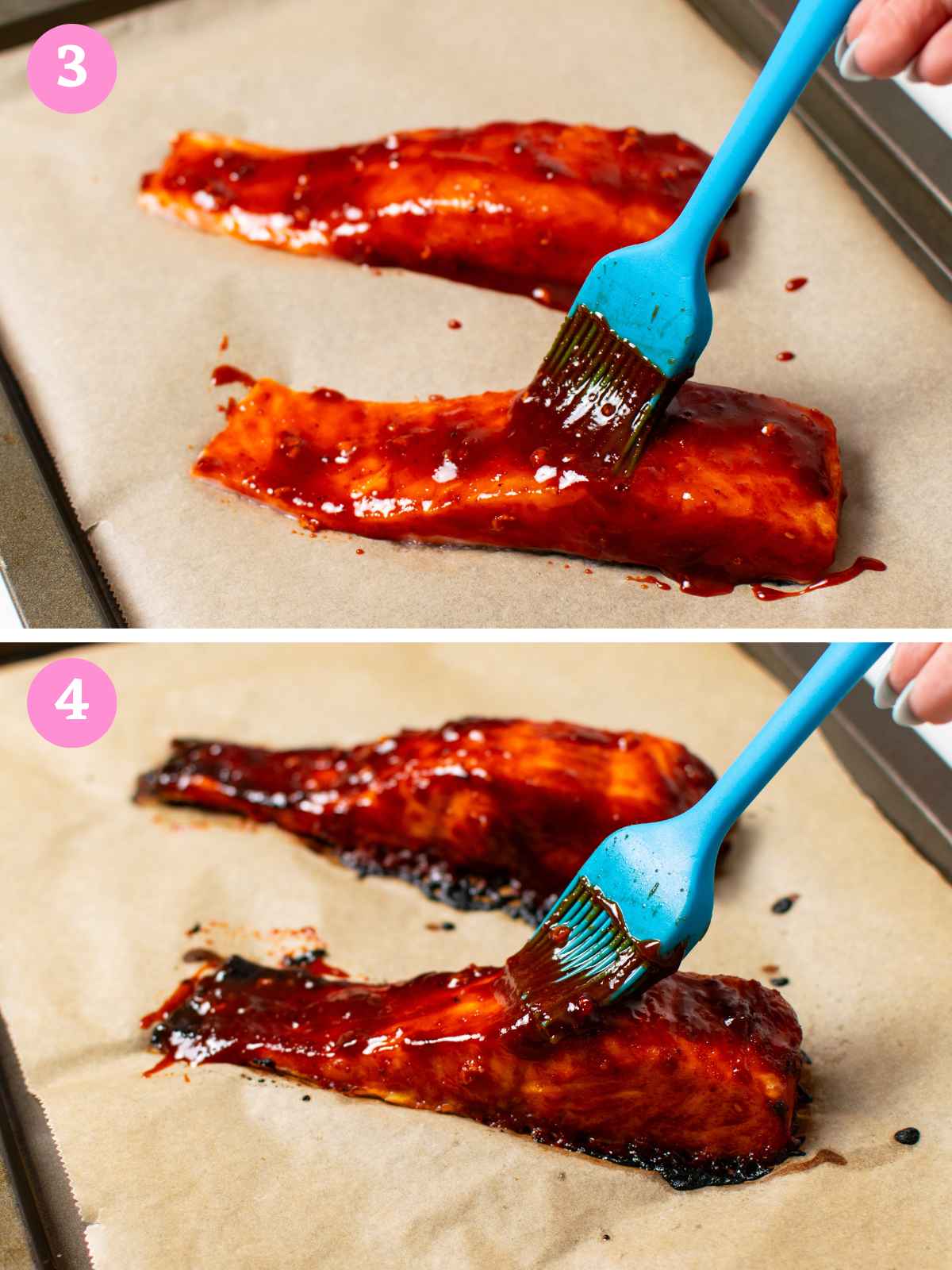 upper brushing raw salmon with gochujang sauce, lower brushing cooked salmon with sauce