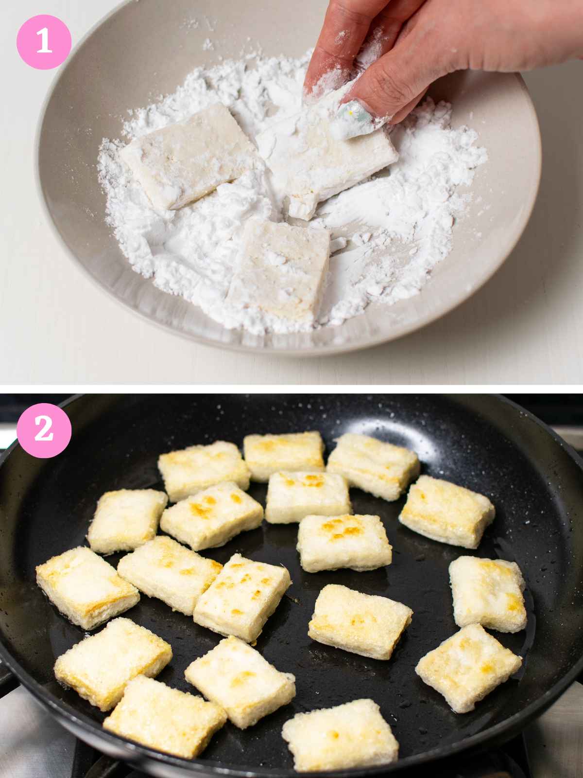 upper coating tofu in potato starch, lower pan frying tofu