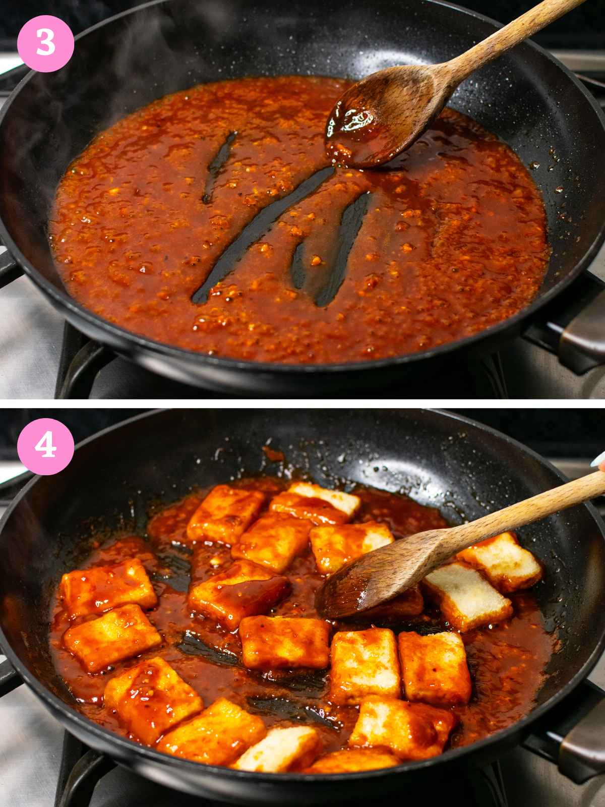 upper cooking gochujang sauce in pan, lower tossing tofu in sauce in pan