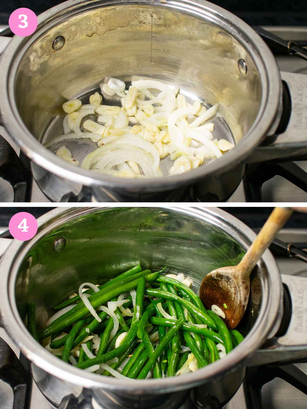 upper sauteeing onions with garlic, lower sauteeing green beans into onion mix