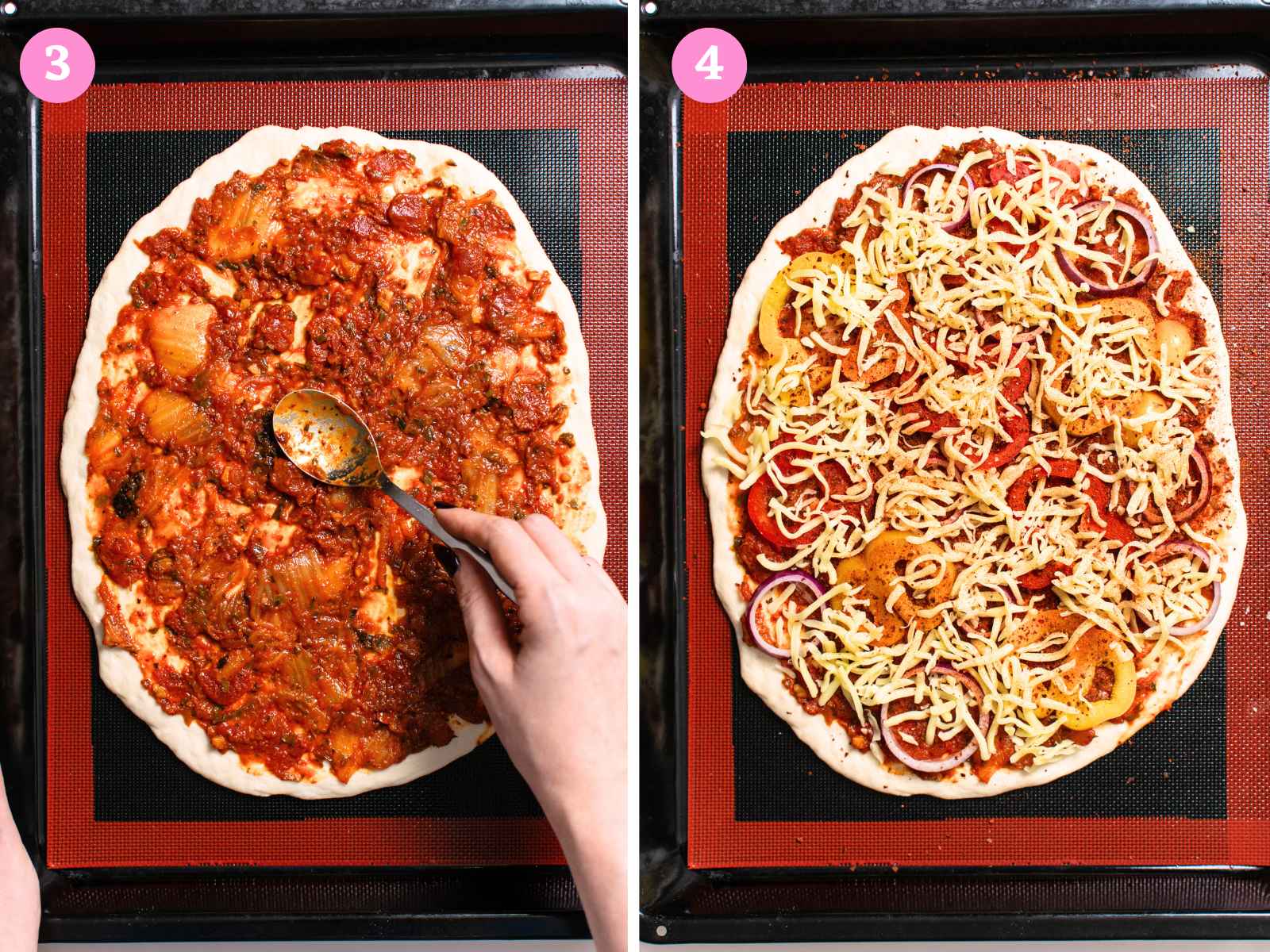 Spreading kimchi tomato sauce on base and topping with cheese and vegetables