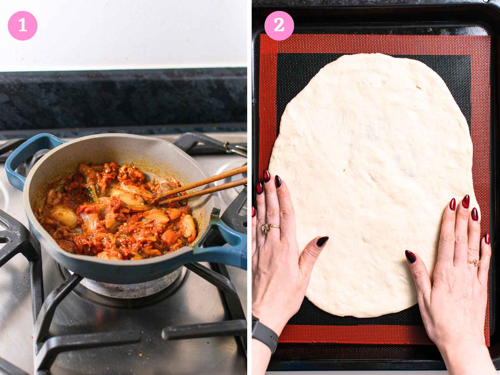 Preparing kimchi sauce in saucepan and spreading pizza base on tray